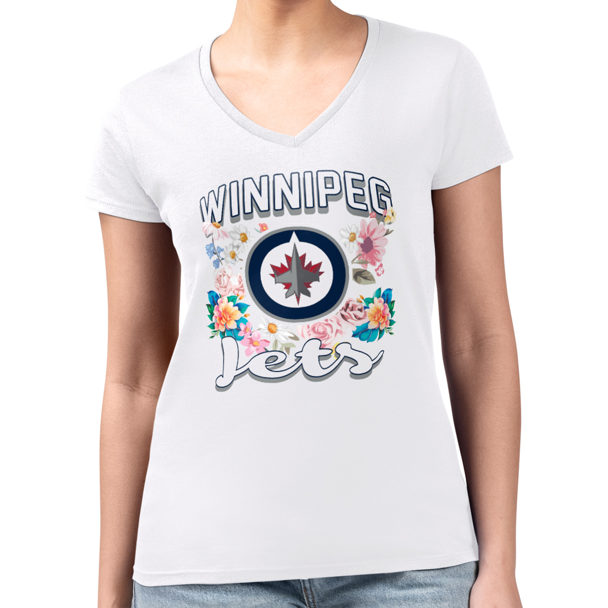 Women's G-III 4Her by Carl Banks White Winnipeg Jets Super-Slim Fit Lightweight Flower Logo V-Neck T-Shirt